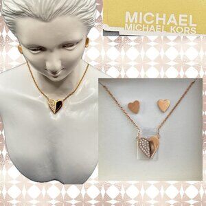 Michael Kors Logo Pave Heart Pendant Necklace Rose-Gold Heart Stud Earrings Set